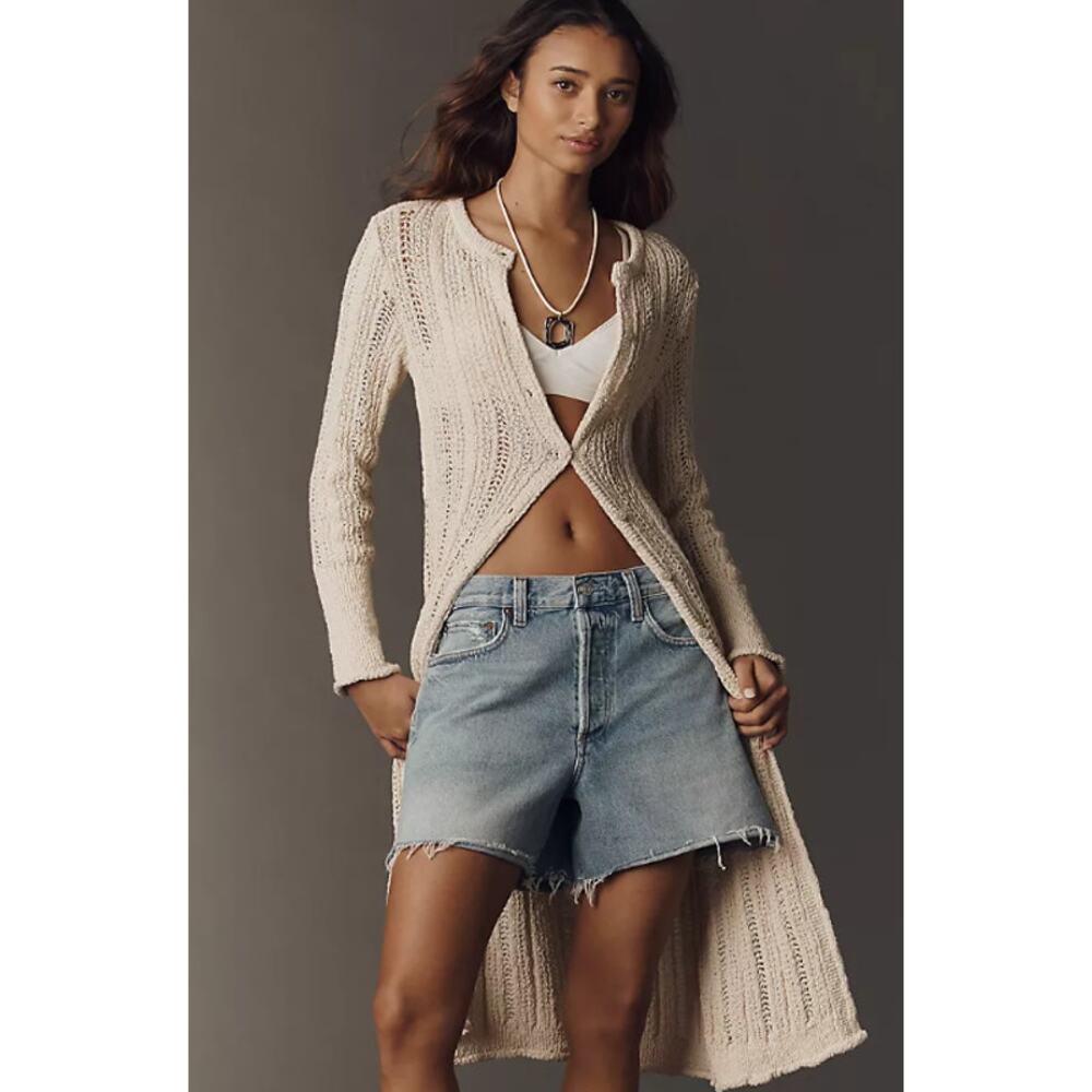 Anthropologie Pilcro Cotton Open Knit Crew Neck Duster Cardigan Sweater Boho
